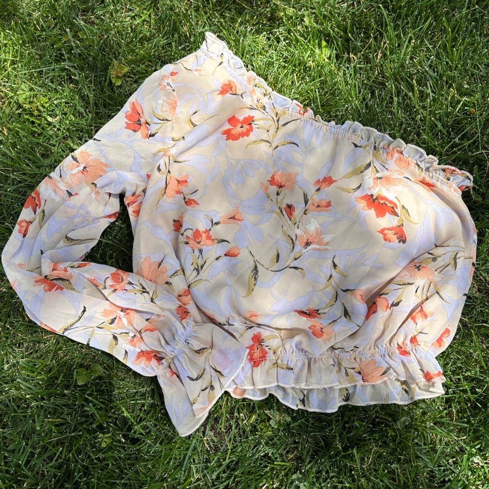 Nordstrom Elegant Floral Ruffle Blouse - Cream and Orange